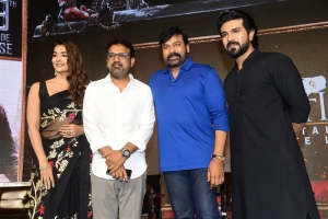 Koratala Siva, Pooja Hegde, Ram Charan, Chiranjeevi @ Acharya Movie Press Meet Photos