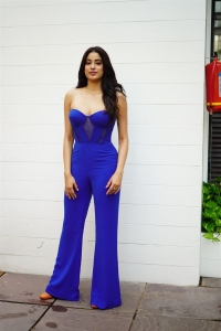 Actress Janhvi Kapoor in Backless Blue Jumpsuit Photos
