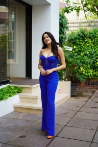 Actress Janhvi Kapoor Photos in Backless Blue Jumpsuit Dress