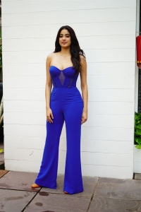 Actress Janhvi Kapoor Photos in Backless Blue Jumpsuit Dress