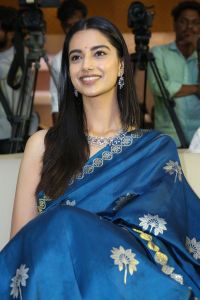 Meenakshi Chaudhary Blue Saree Stills @ Lucky Bhaskar Success Meet