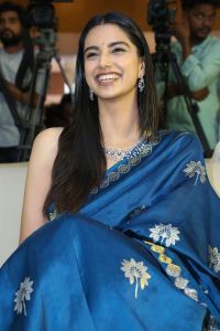 Lucky Bhaskar Actress Meenakshi Chaudhary Blue Saree Stills