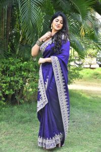 Actress Megha Akash Blue Saree Stills @ Vikkatakavi Press Meet