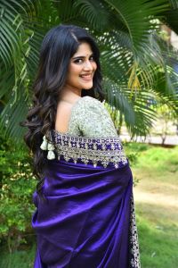 Actress Megha Akash Blue Saree Stills @ Vikkatakavi Press Meet