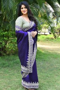 Actress Megha Akash Blue Saree Stills @ Vikkatakavi Press Meet