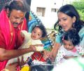 Mohan Babu with his twin grand-daughters Ariaana and Viviana