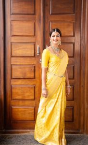 Actress Pooja Hegde Yellow Silk Saree Photos