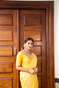 Actress Pooja Hegde Yellow Silk Saree Photos