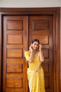 Pooja Hegde Yellow Banarasi Saree Photoshoot Stills