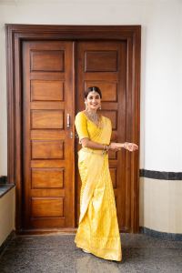 Pooja Hegde Yellow Banarasi Saree Photoshoot Stills