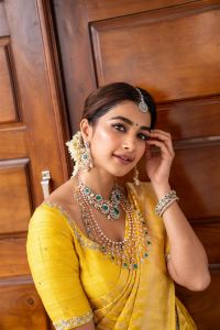 Pooja Hegde Yellow Banarasi Saree Photoshoot Stills