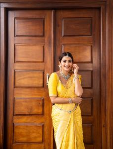 Actress Pooja Hegde Yellow Silk Saree Photos