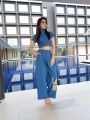 Actress Raashi Khanna in Blue Crop Top and Loose Pants