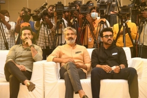 Jr NTR, SS Rajamouli, Ram Charan @ RRR Movie Press Meet Stills