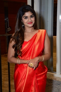 Actress Sanjana Anand in Red Orange Saree Pictures