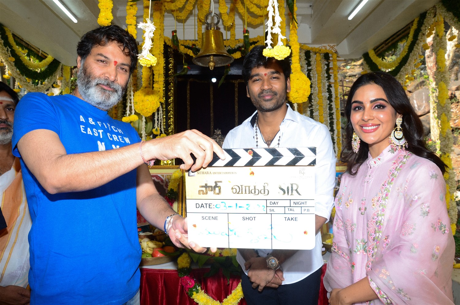 Trivikram Srinivas, Dhanush, Samyuktha Menon @ Vaathi Movie Pooja Stills